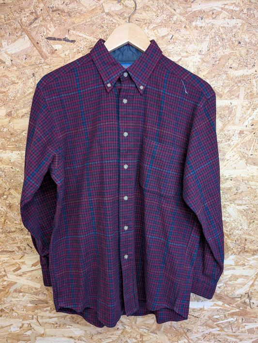 Pendleton Fireside Shirt Mens Medium Burgundy Blue Check Plaid Wool Made In USA