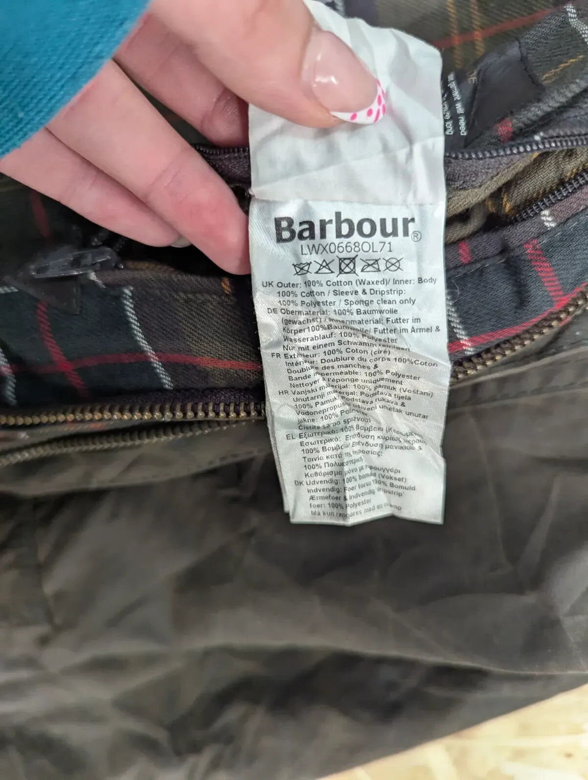 Barbour Beadnell Wax Jacket Womens UK20 Olive Green Tartan Liner Cord Collar