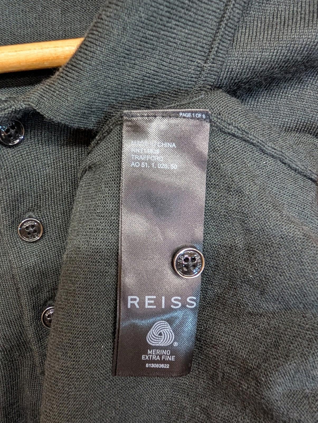 Reiss Polo Shirt Mens Medium Merino Wool Long Sleeve Dark Green Casual Style
