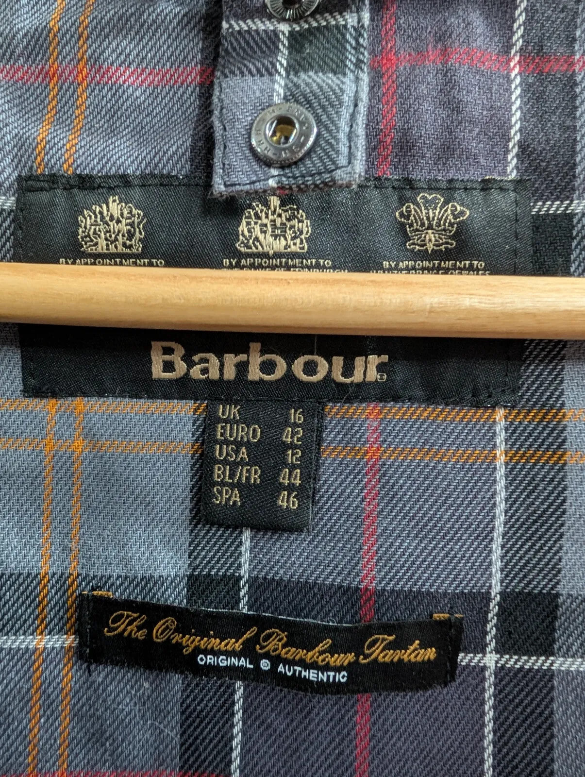 Barbour Beadnell Wax Jacket Womens UK16 Black Cotton Plaid Tartan Cord Chinstrap