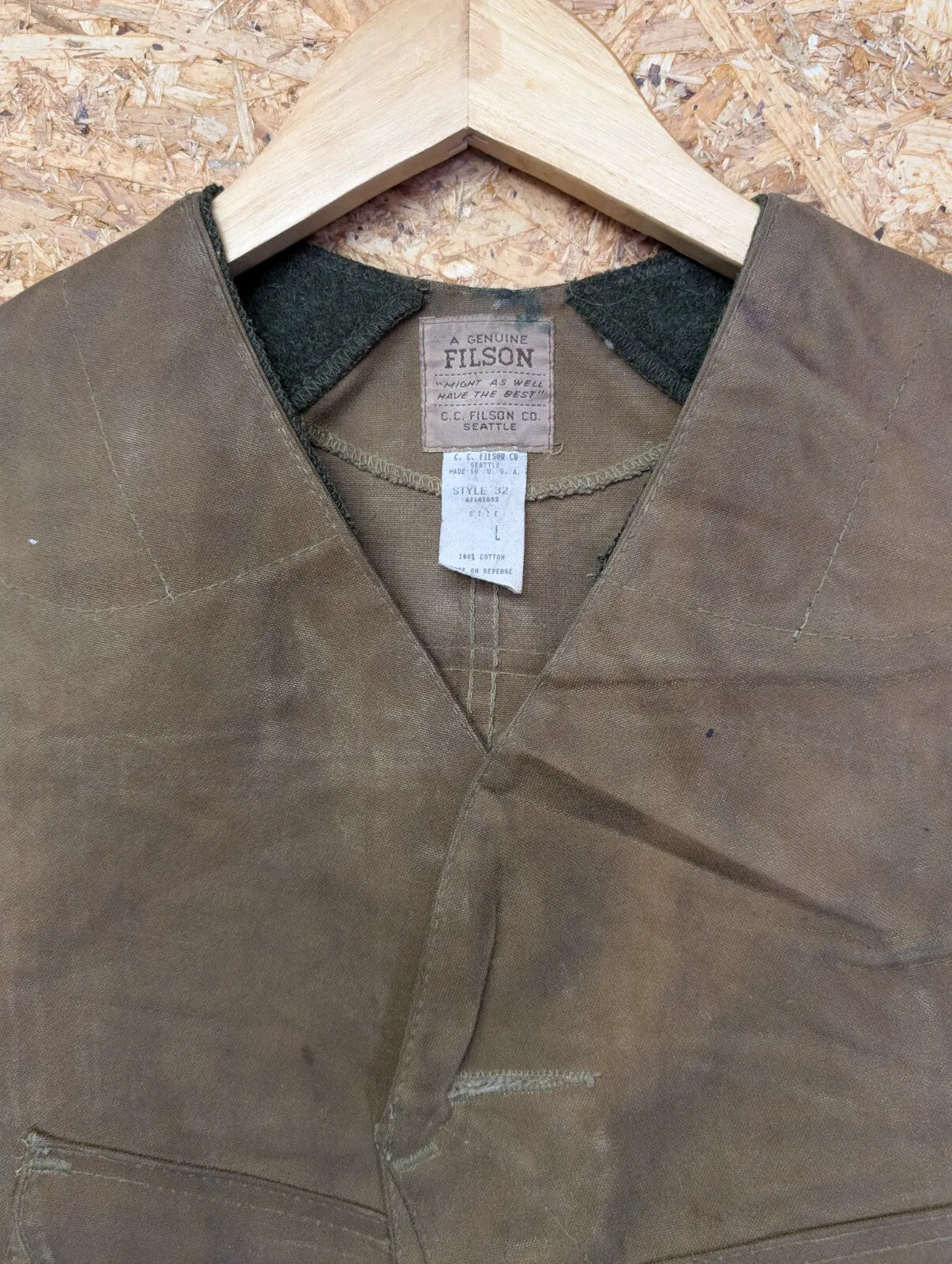 Filson Tin Cloth Hunting Vest Mens Large Style 32 Gilet Brown Wax Tin Cloth Tan