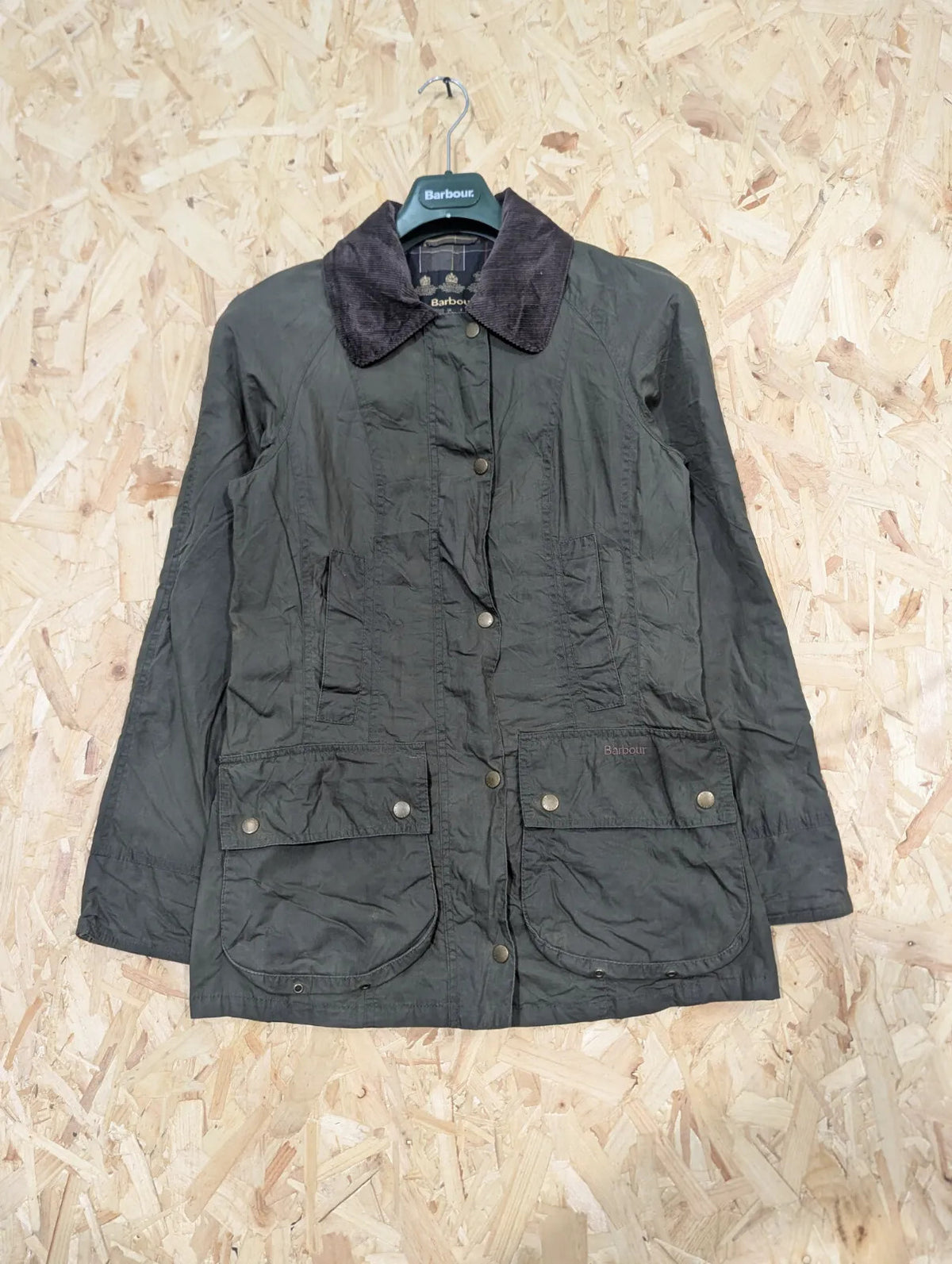 Barbour Beadnell Wax Jacket Womens UK6 Olive Green Cotton Tartan Cord Collar