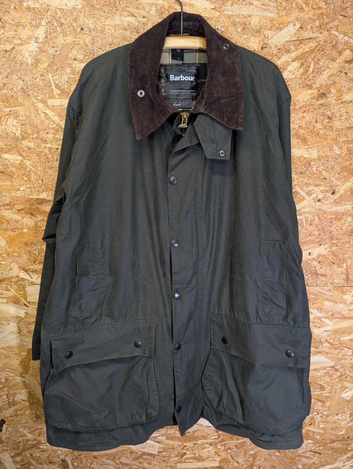 Barbour Border Wax Jacket Mens XXL C46 Olive Green Tartan Lining Cord Collar