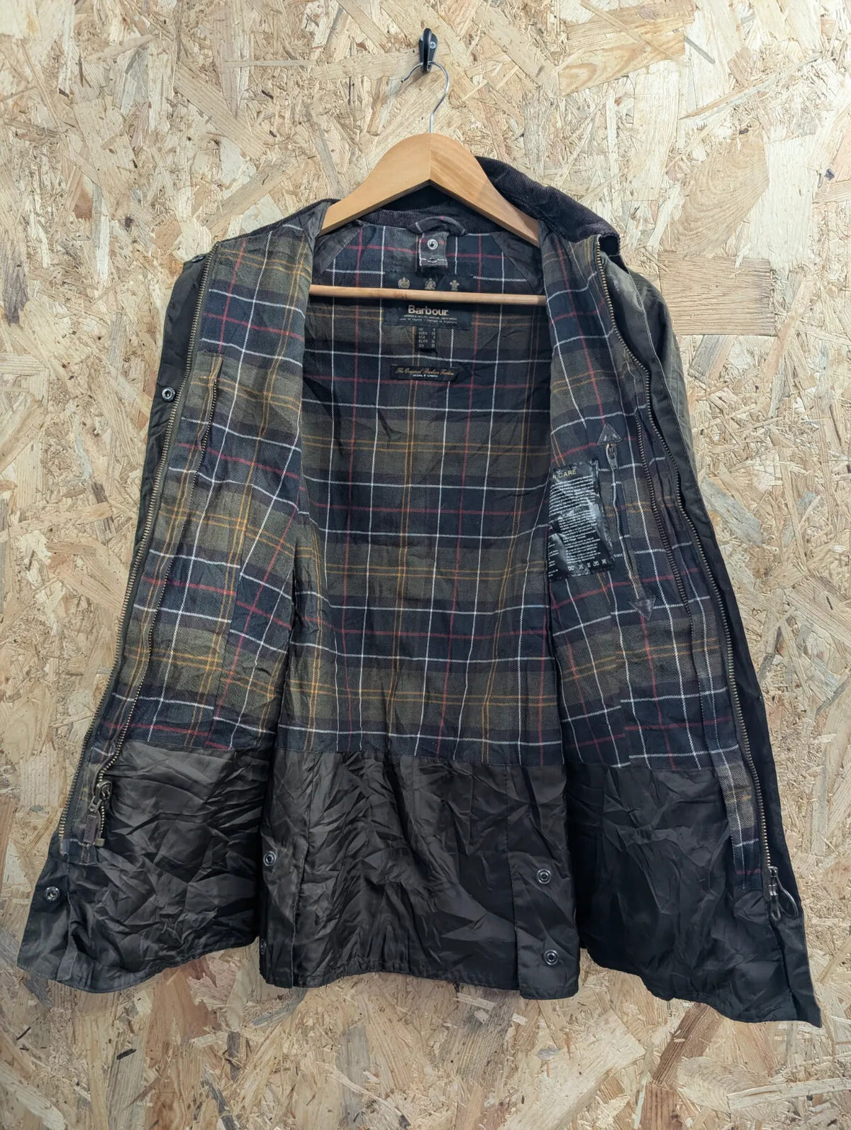 Barbour Beadnell Wax Jacket Womens UK8 Dark Olive Green Cotton Tartan Liner Cord