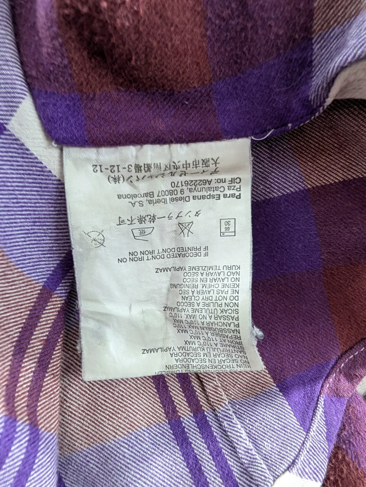 Diesel Shirt Mens Medium Purple Cream Plaid Flannel Long Sleeve Cotton Check
