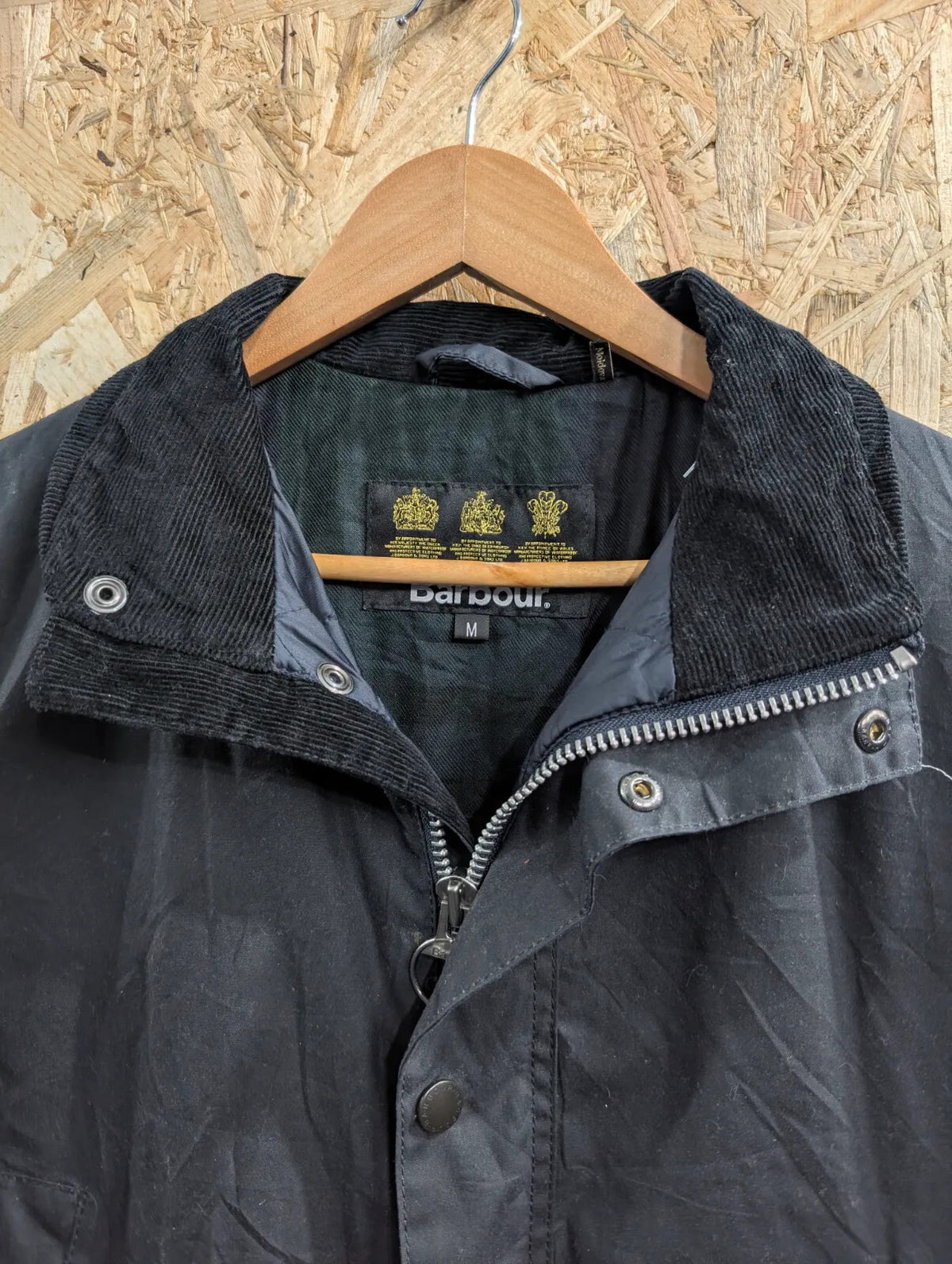 Barbour Gailey Wax Jacket Men Medium Navy Blue Waxed Cotton Padded Cord Collar