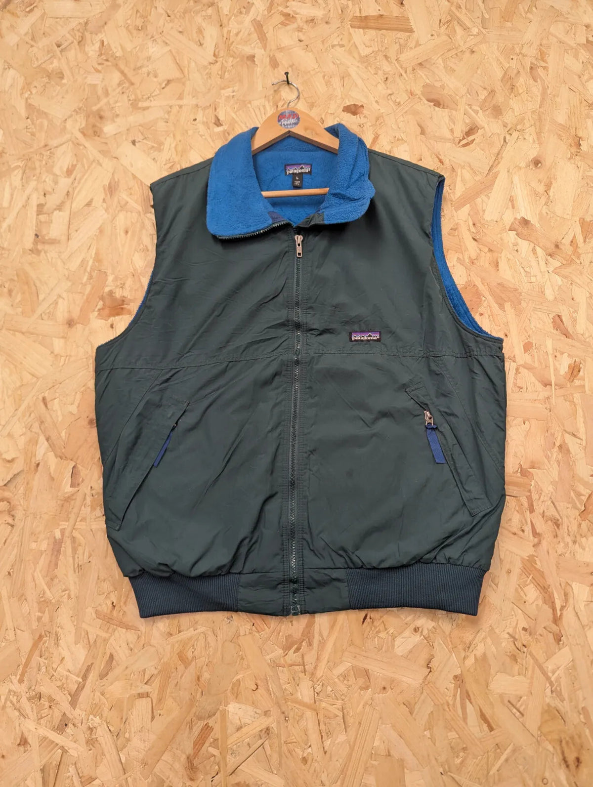 Vintage Patagonia Gilet Vest Men Large Green Blue Fleece Lined Zip USA Made 90s