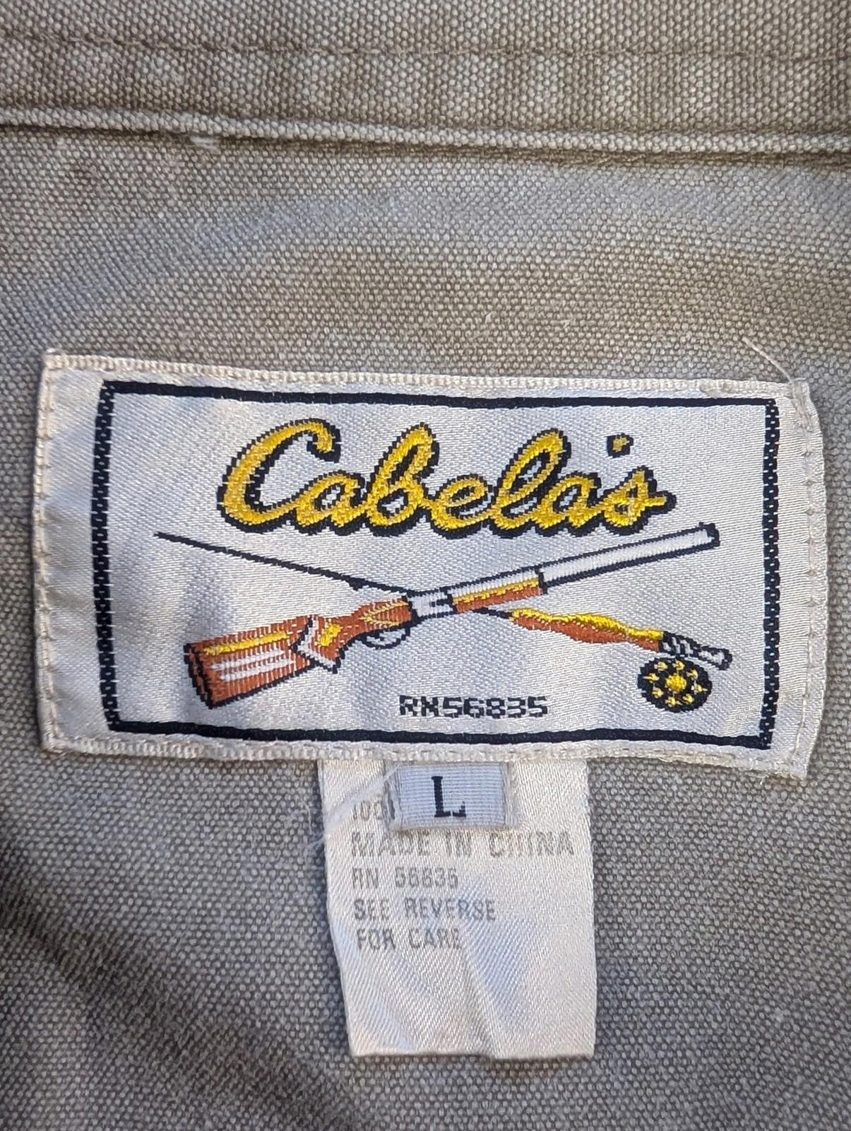 Cabelas Safari Chore Jacket Large Men USA Button Pockets Epaulettes Grey Khaki