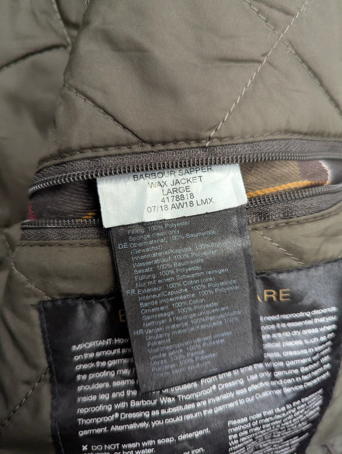 Barbour Sapper Field Wax Jacket Mens Large Olive Green Padded Utility Military