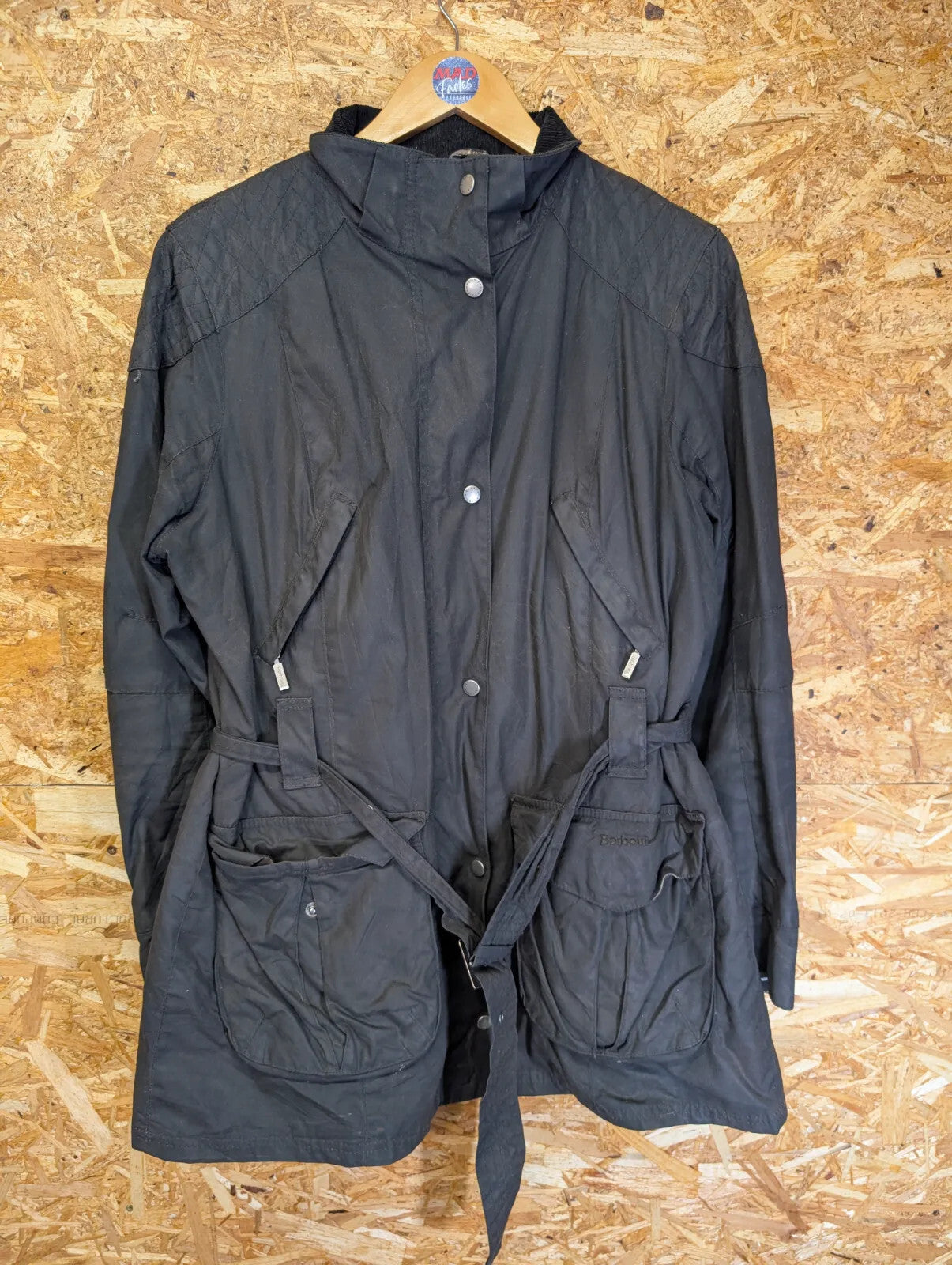 Barbour Rebel Wax Jacket Womens UK18 Black Quilted Belted LWX0145BK71 Cotton