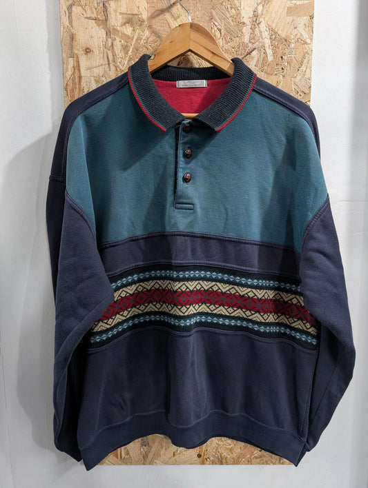 Marks & Spencer St Michael Polo Mens Large Vintage 80s Patterned Knit Navy M&S