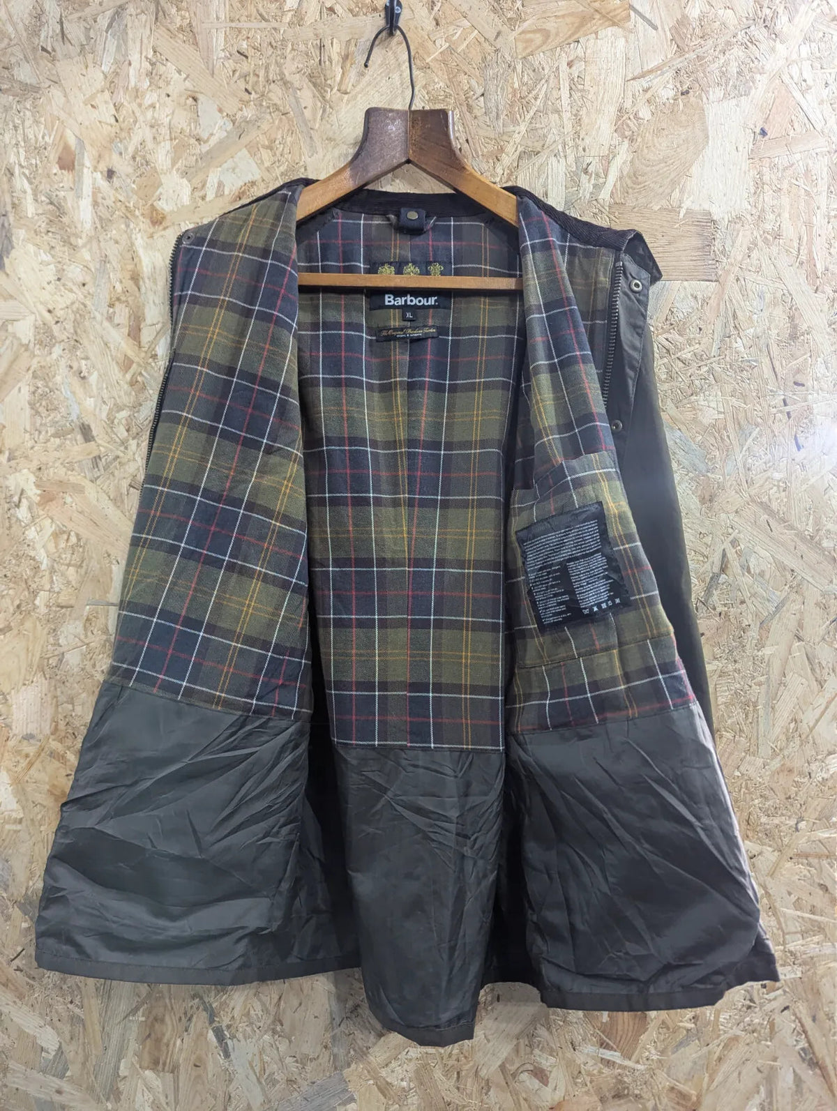 Barbour Ashby Wax Jacket Mens XL Green Cotton Tartan Lined Cord Collar England