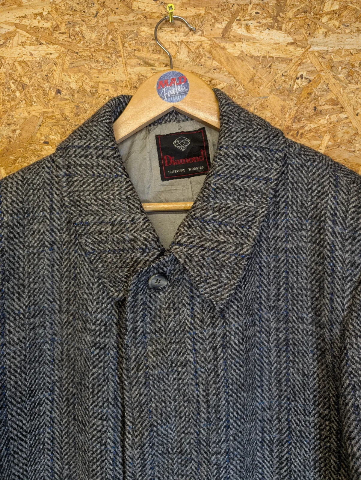 Vintage Tweed Overcoat Large Grey Blue Wool Herringbone Button Up Diamond 70s