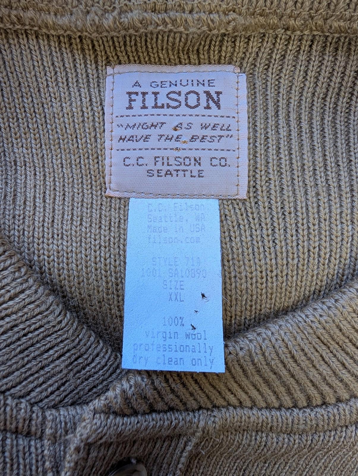Filson Henley Guide Jumper XXL Men Wool Khaki Tan Brown Shoulder Patch Made USA