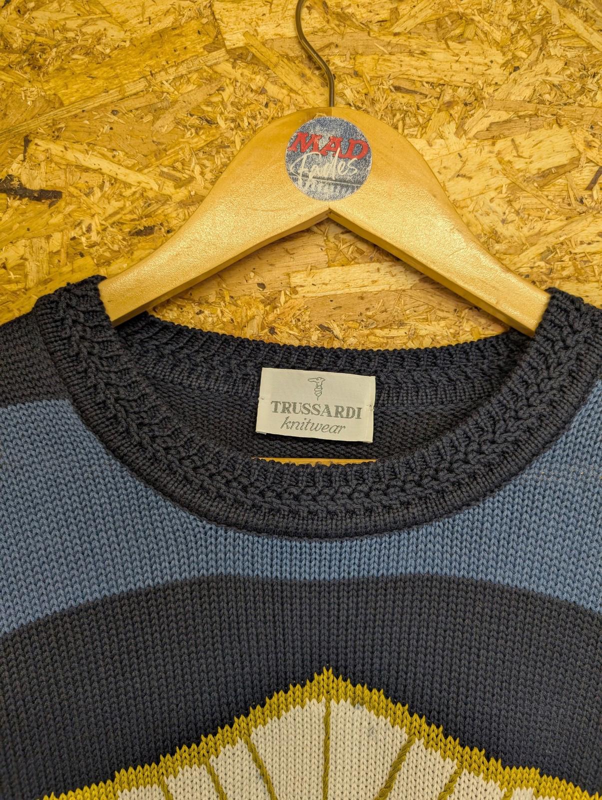 Trussardi Knitwear Jumper XL Men Striped Sweatshirt Vintage Blue Cotton Italy