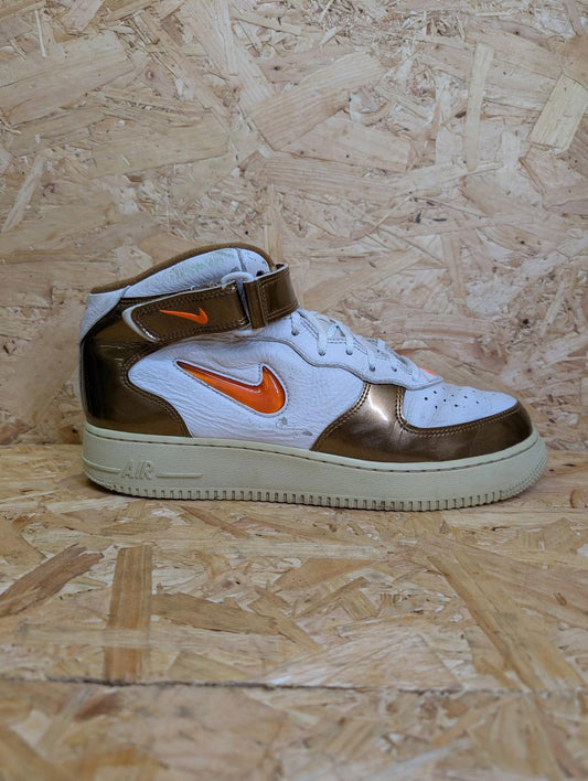 Nike Air Force 1 UK 9 Mid QS White Total Orange Ale Brown Trainers Gold White