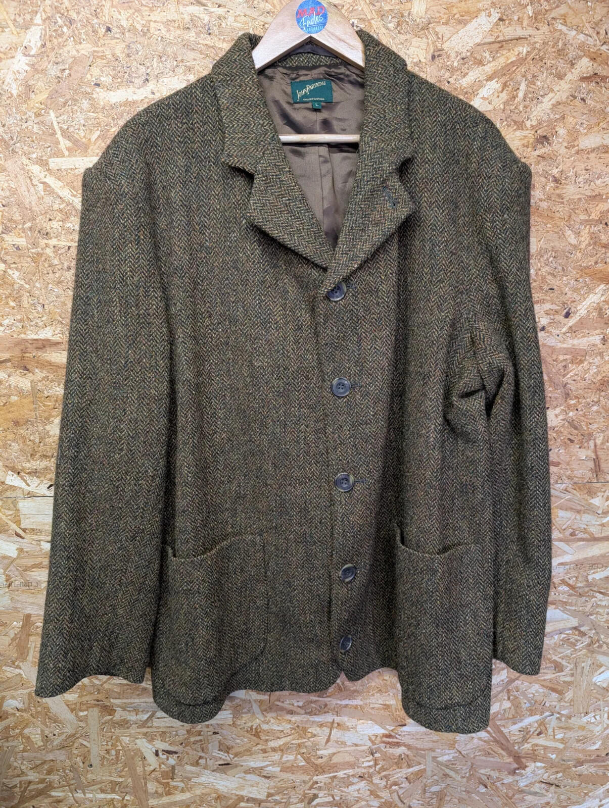 John Partridge Tweed Chore Jacket Mens Large Brown Green Island Wool Herringbone