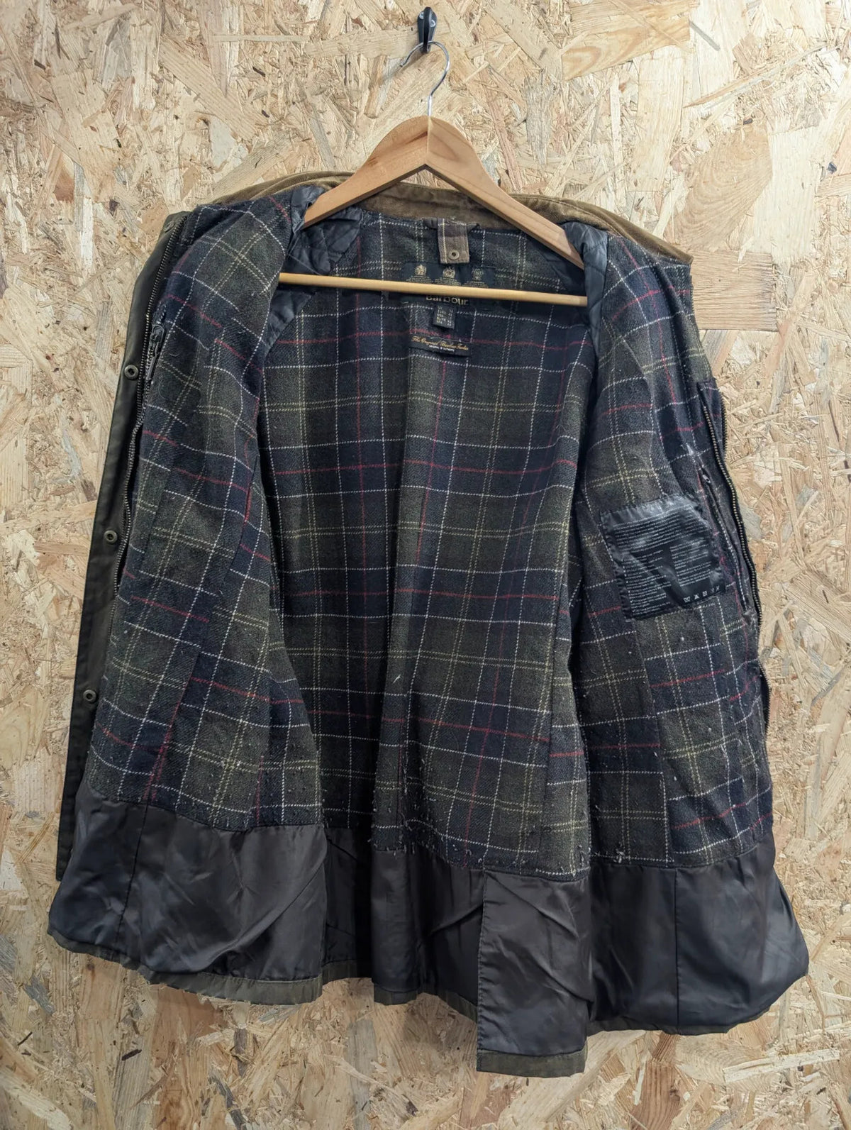 Barbour Waxed Jacket Womens UK14 Olive Waxed Cotton Tartan Lining Full Zip Plaid