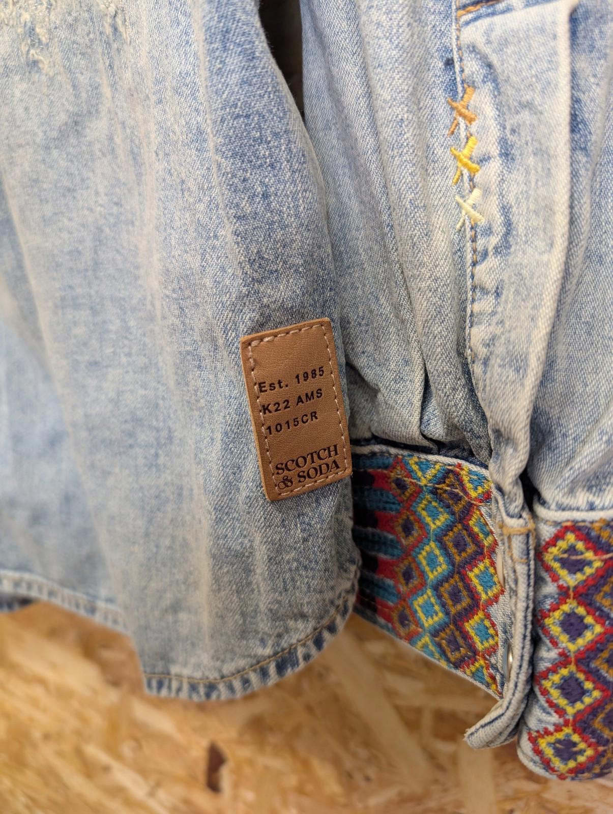 Scotch & Soda Denim Shirt Large Men Pearl Snap Aztec Embroidered Cuffs Blue