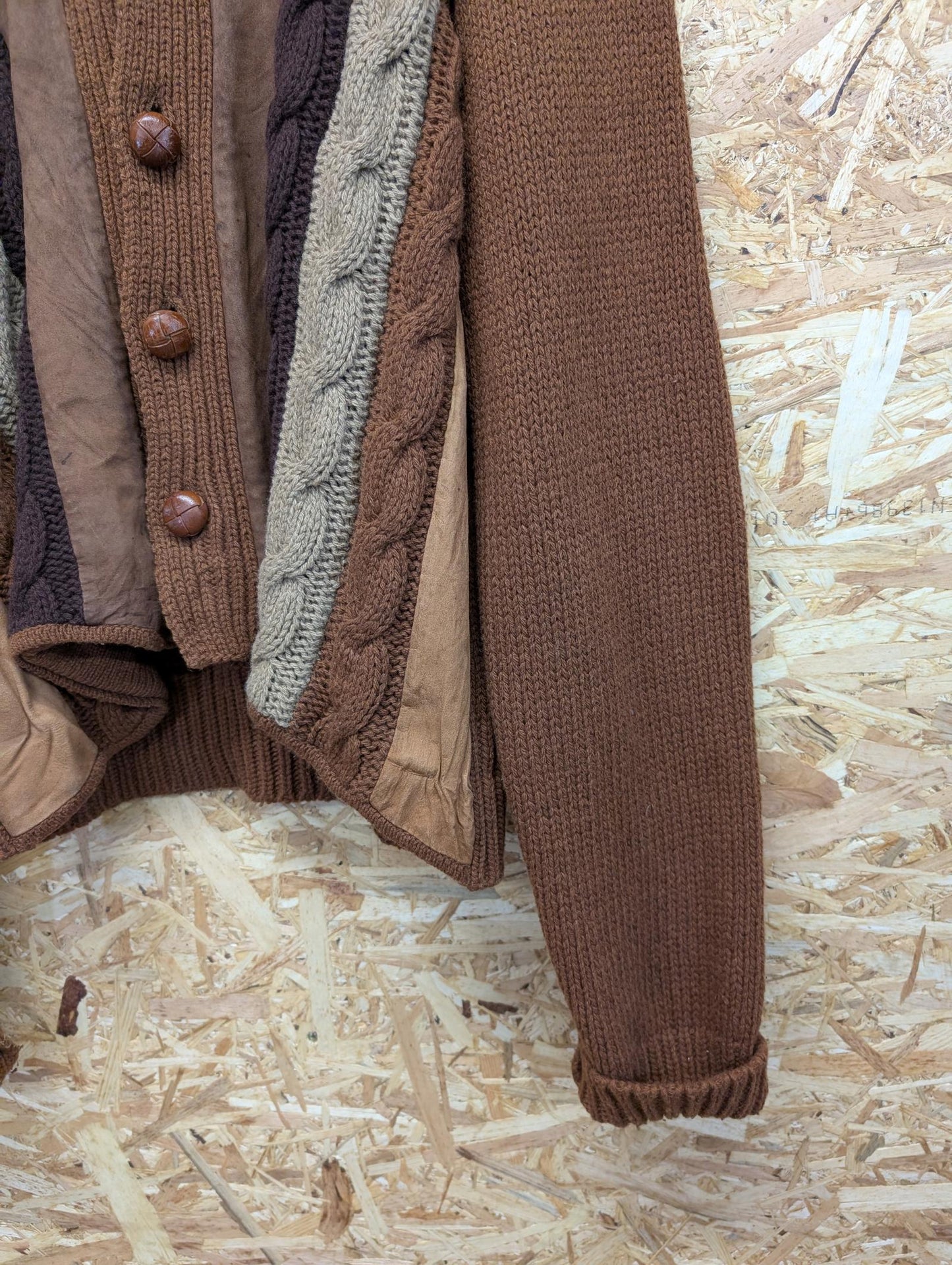 Dolce & Gabbana Large Cable Knit Cardigan Vintage 80s Brown Wool Leather Suede