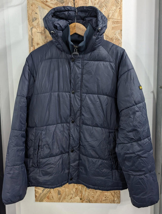 Barbour International Busa Down Jacket Medium Men Quilted Hood Navy Blue Puffer
