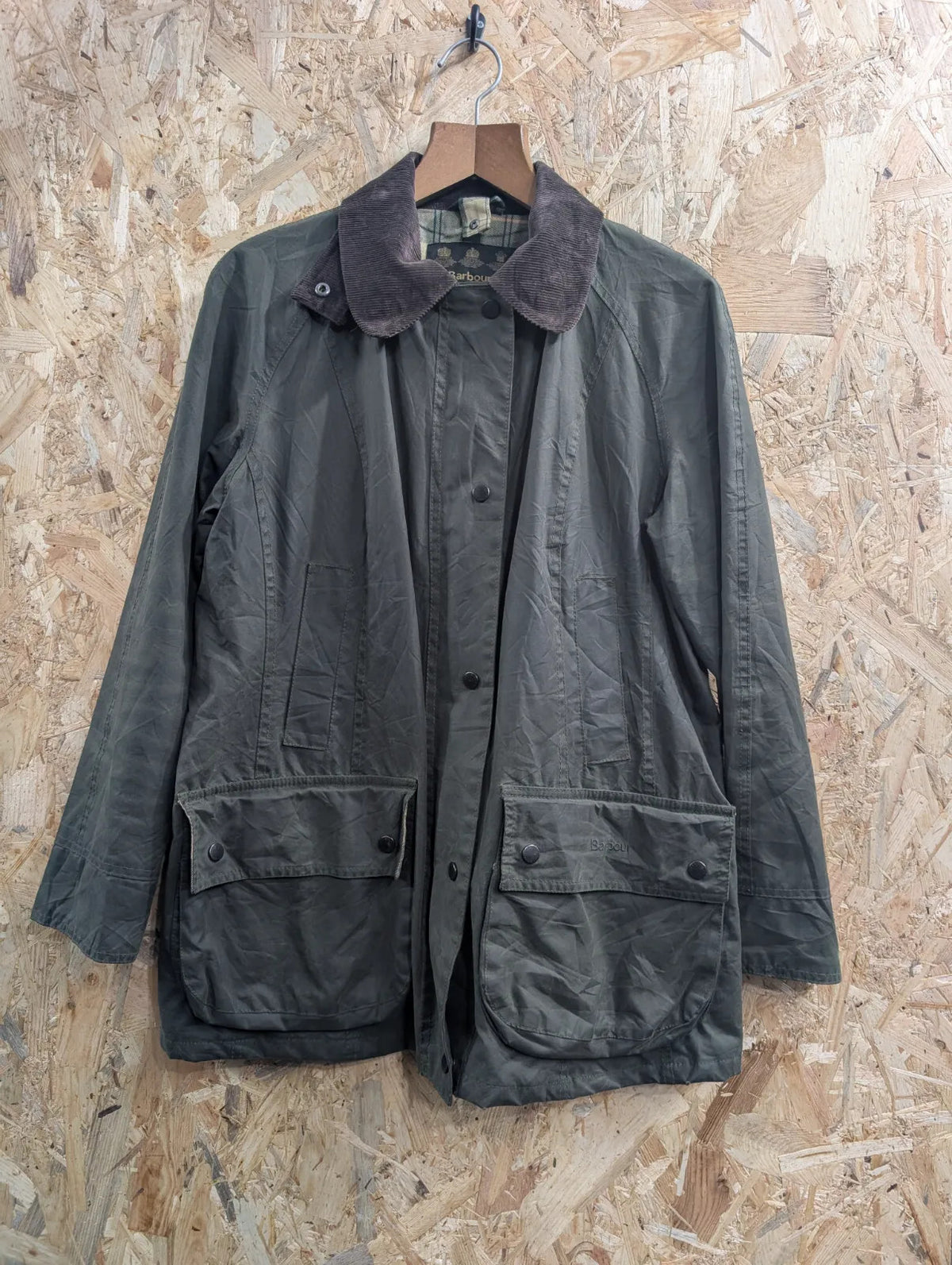 Barbour Waxed Jacket Womens UK16 Dark Green Cotton Cord Collar Beadnell Tartan
