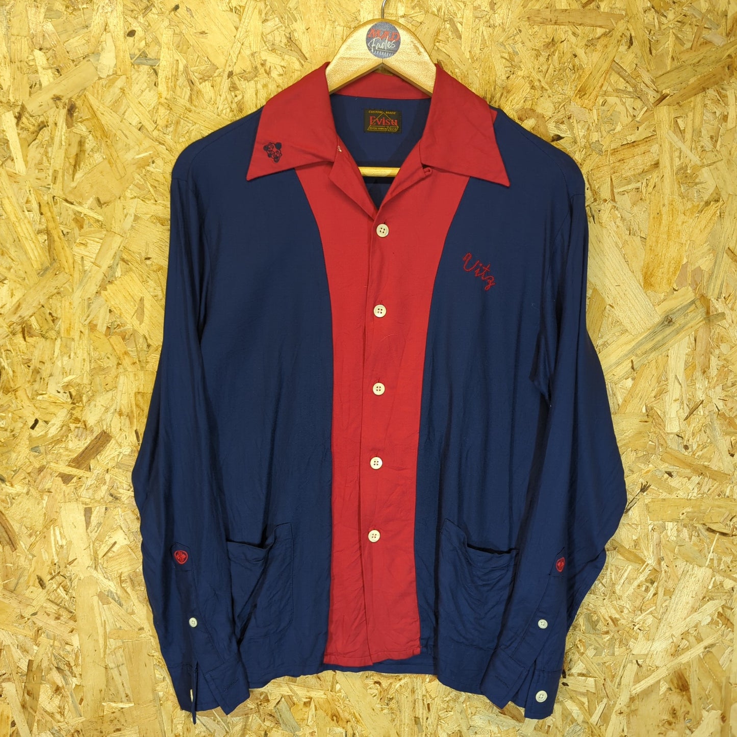 Evisu The Bowling Geisha Rayon Stretch Navy Blue Red Long Sleeve Shirt Mens M