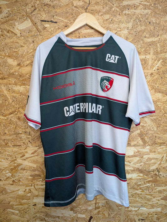 Leicester Tigers Mens XL 2015 Rugby Shirt Kooga Striped Sport Green Red White