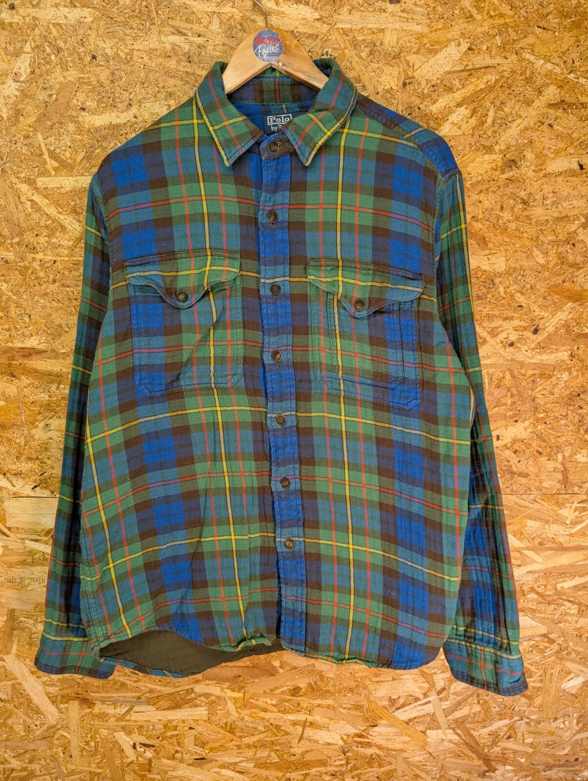 Vintage Ralph Lauren Lined Shirt Mens Large Green Blue Cotton Flannel Plaid 90s