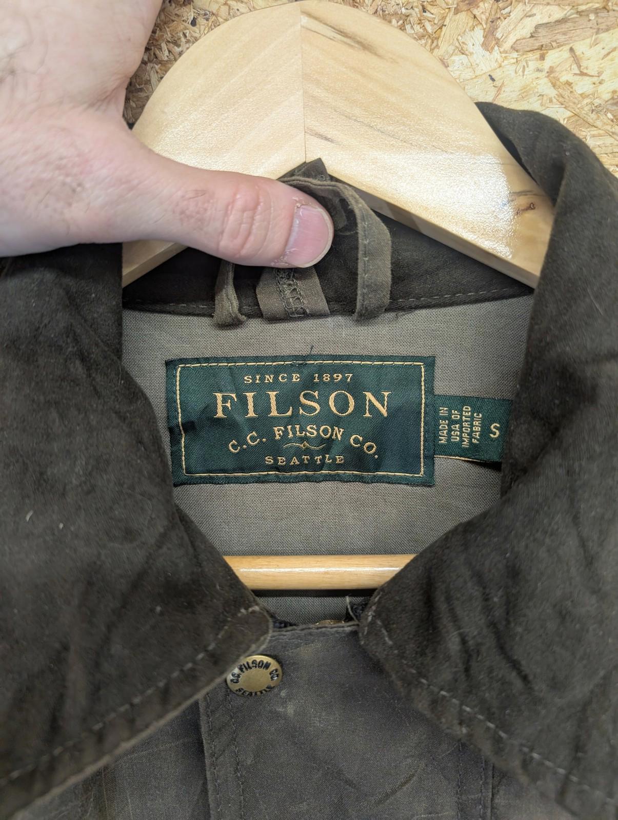 Filson Cover Cloth Mile Marker Coat Small Men Waxed Cotton Brown Jacket USA Tin