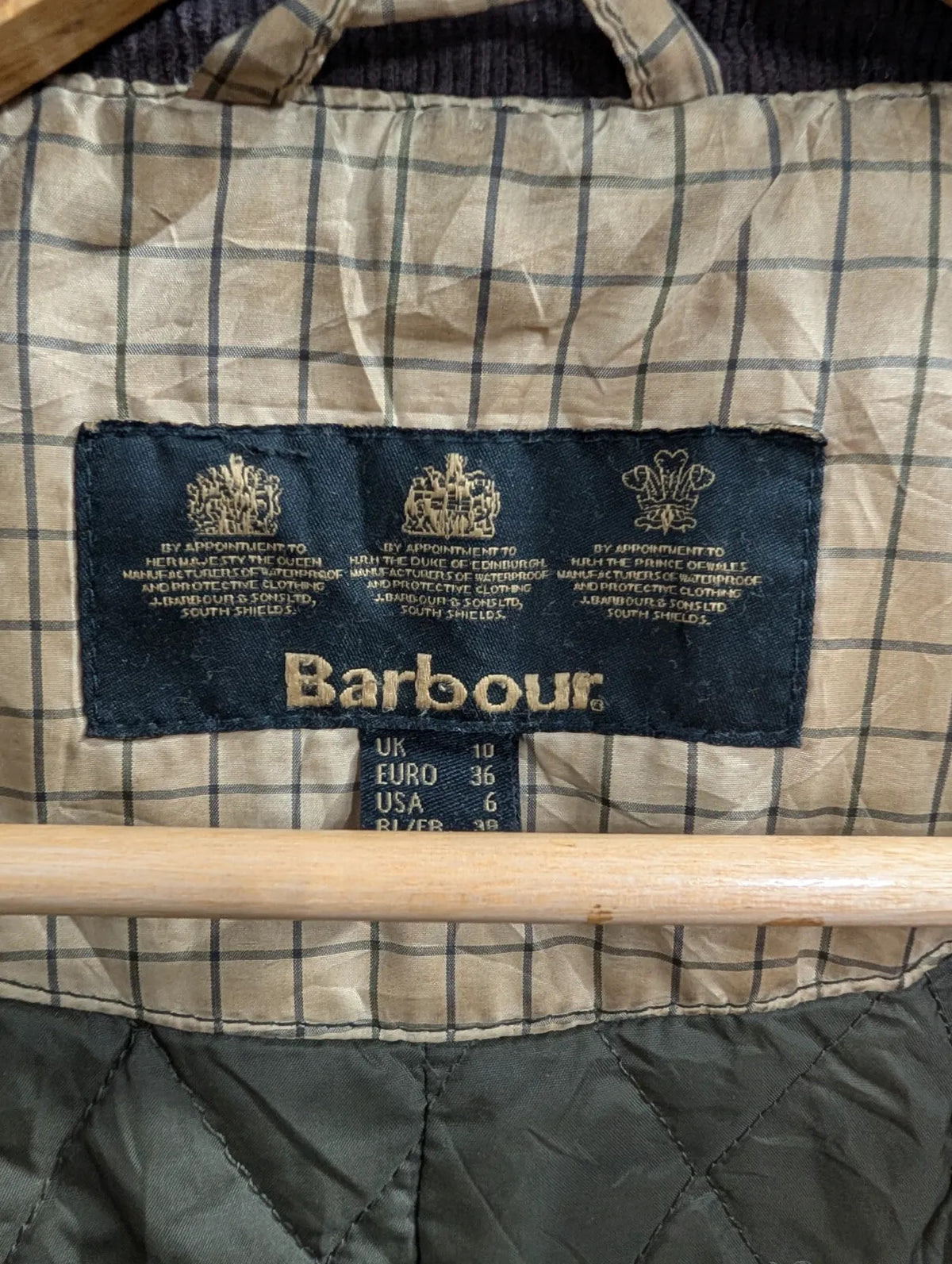 Barbour Sapey Wax Jacket Womens UK10 Khaki Green Cotton Quilted Corduroy Utility
