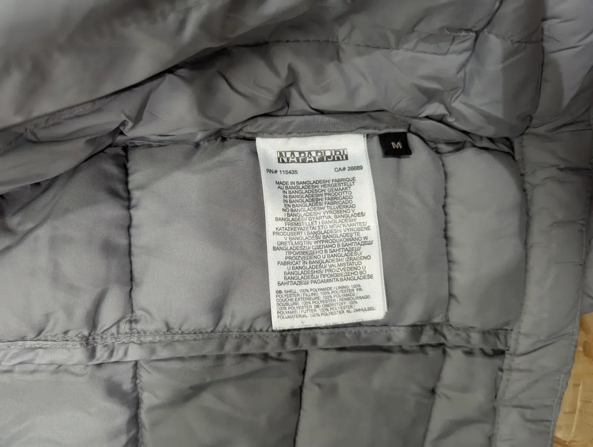 Napapijri Puffer Jacket Mens Medium Grey Quilted Hooded Padded Insulated Coat