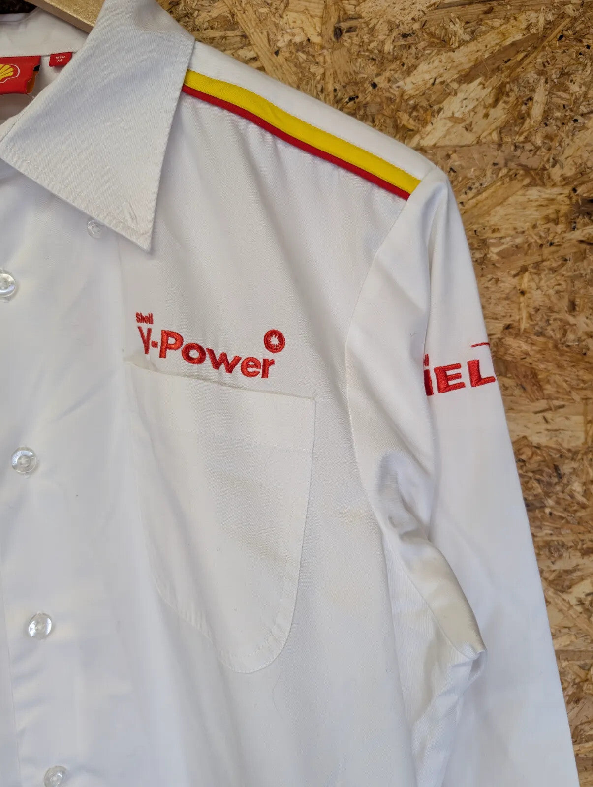 Shell Scuderia Ferrari Button Up Shirt Mens Medium White Cotton Logo Long Sleeve