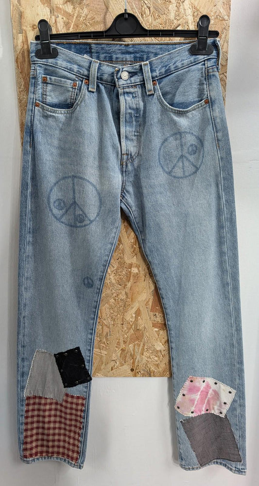 Levis 501 Jeans Womens W29 L32 150th Anniversary Patchwork Peace Blue Denim
