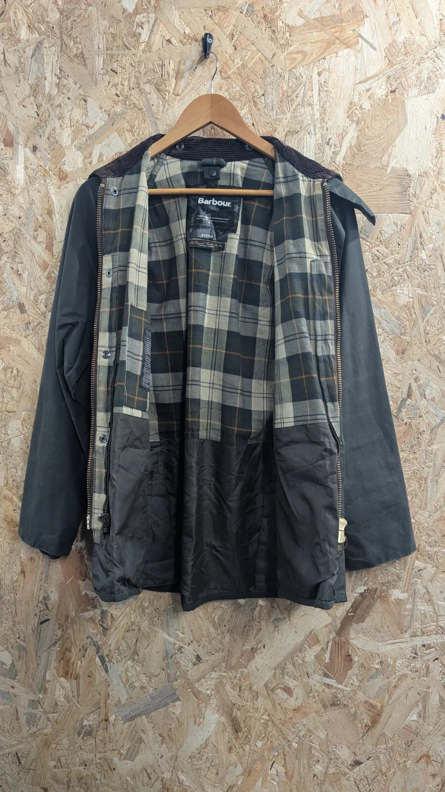 Barbour Bedale Wax Jacket Mens Medium C38 Dark Green Plaid Brown Corduroy Collar