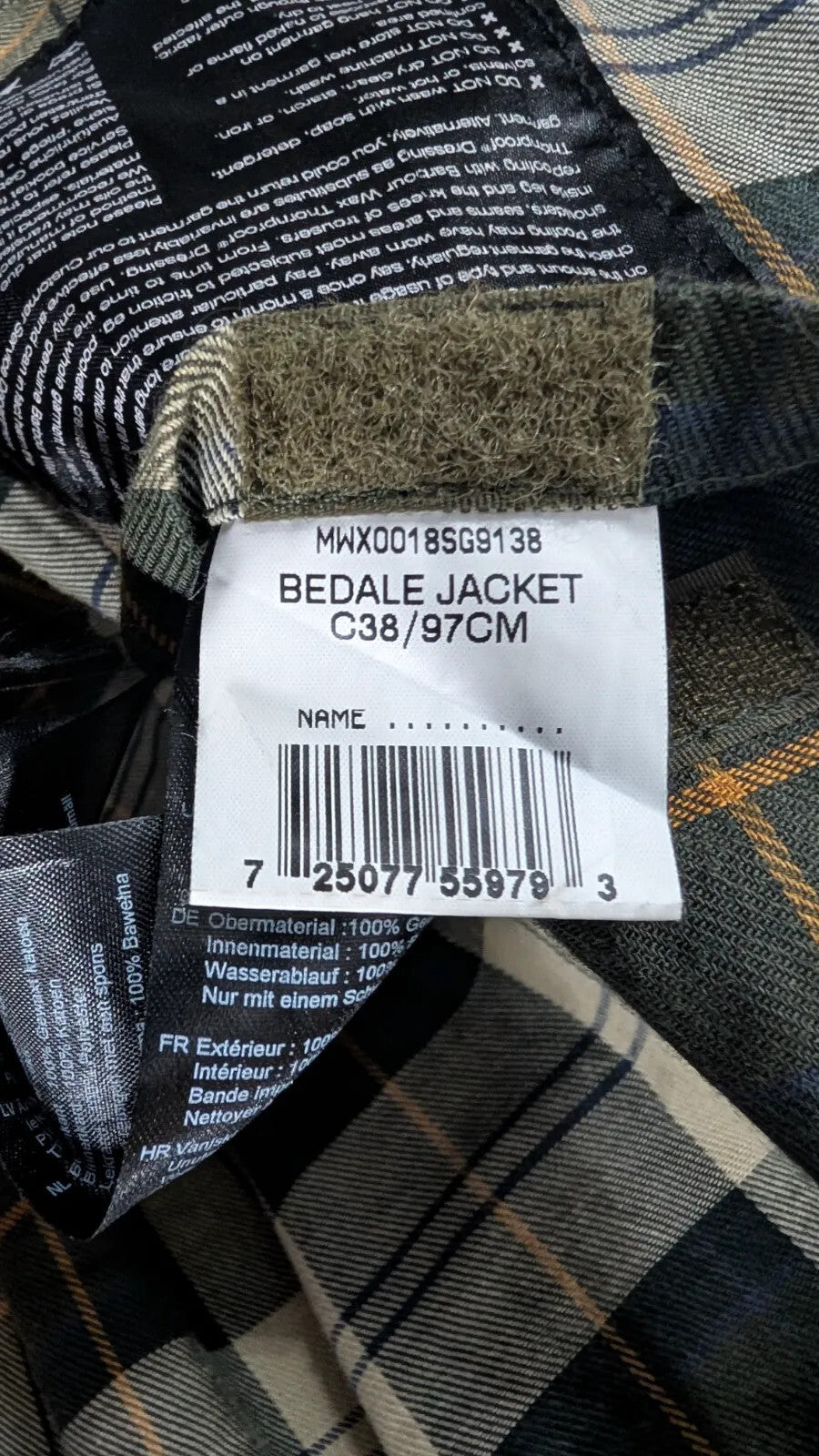 Barbour Bedale Wax Jacket Mens Medium C38 Dark Green Plaid Brown Corduroy Collar