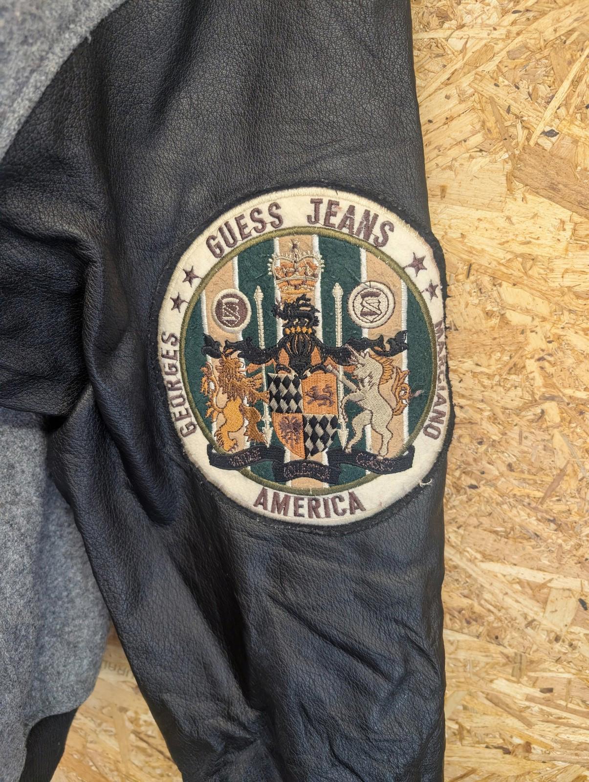 Guess Jeans Varsity Jacket Large Men Vintage 90s Wool Blend Leather Grey Black