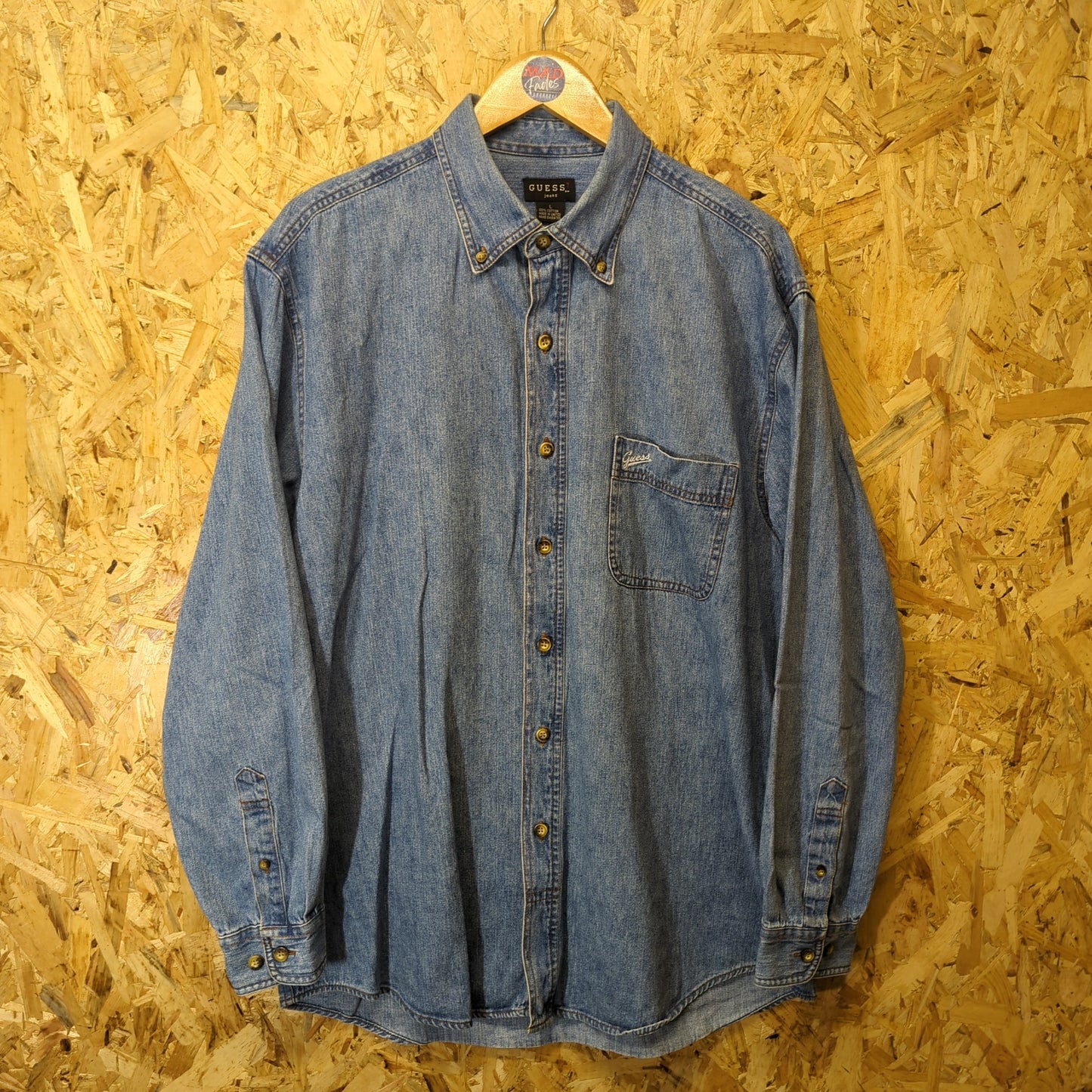 Guess Vintage 90s Denim Shirt Stonewashed Blue Wash Jean Pocket Mens Size Large