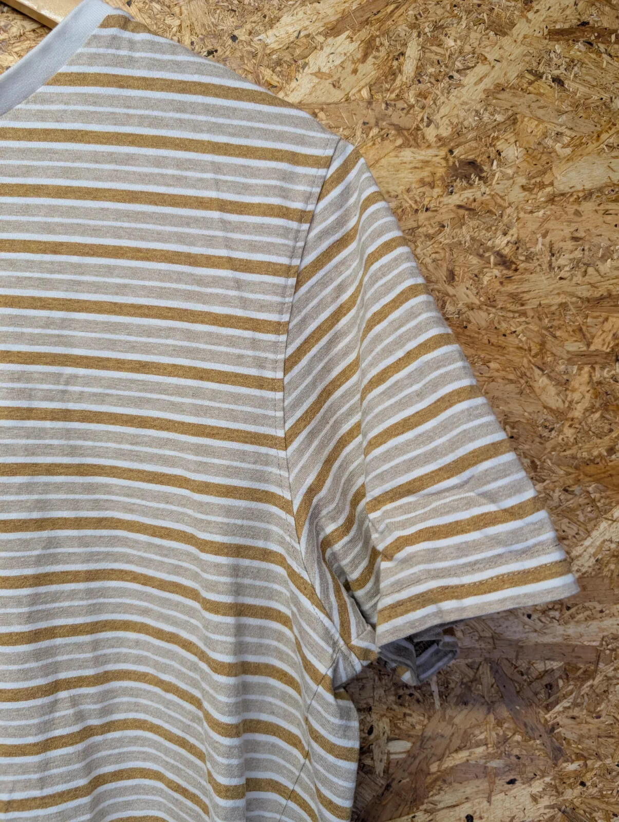 Folk Clothing Crew Neck T-Shirt Large White Beige Mustard Stripe Short Sleeve