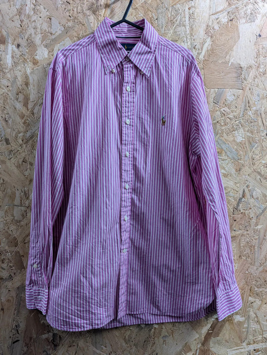 Polo Ralph Lauren Shirt Mens Medium Pink White Cotton Stripe Button Down Collar