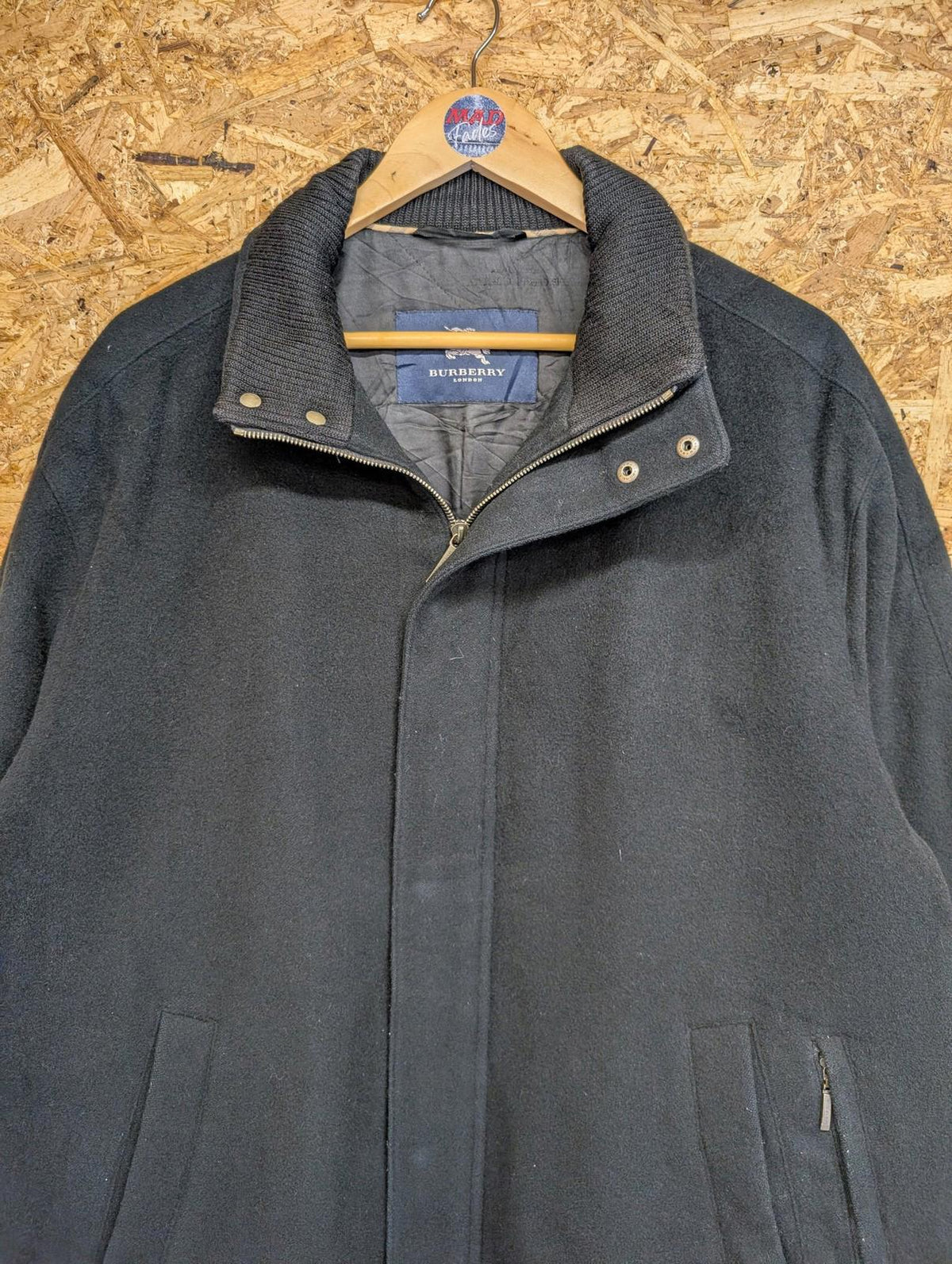 Vintage Burberry Wool Blend Coat Large 42 Men 90s Zip Black Winter Nova Jacket