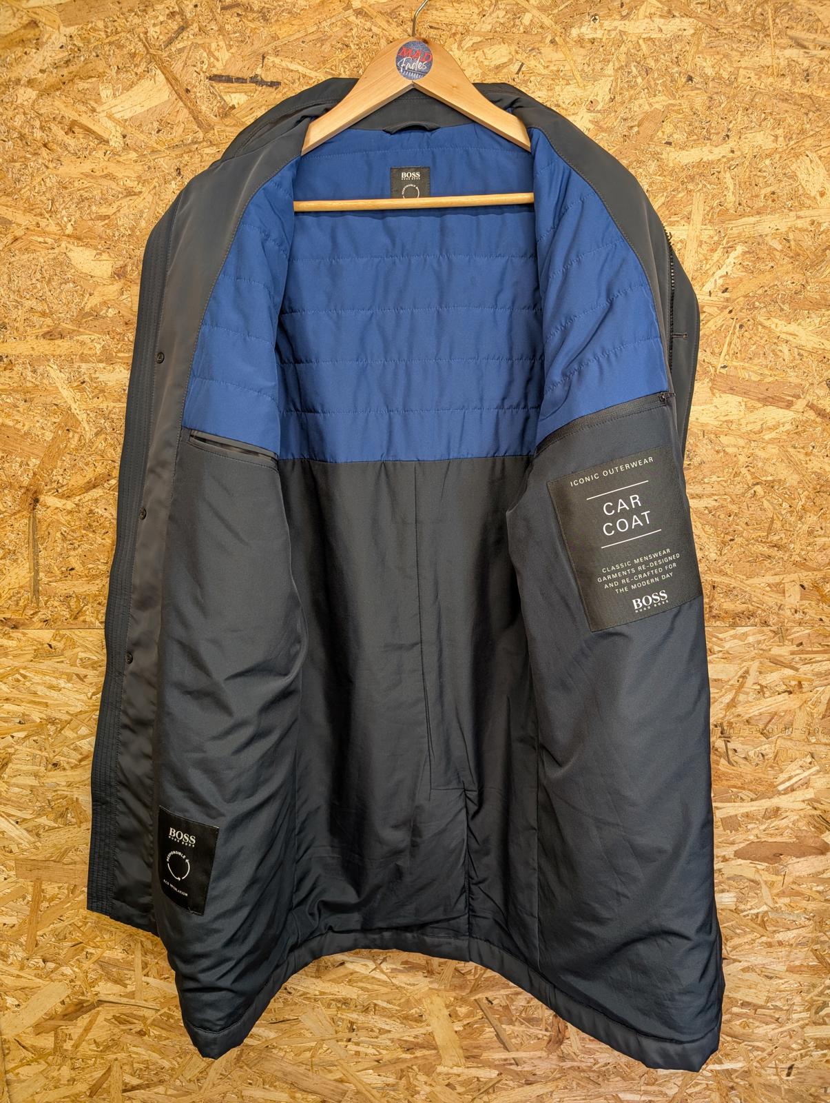 Boss Car Coat Mac Mens Size Medium 40 Navy Blue Black Waterproof Insulated 50