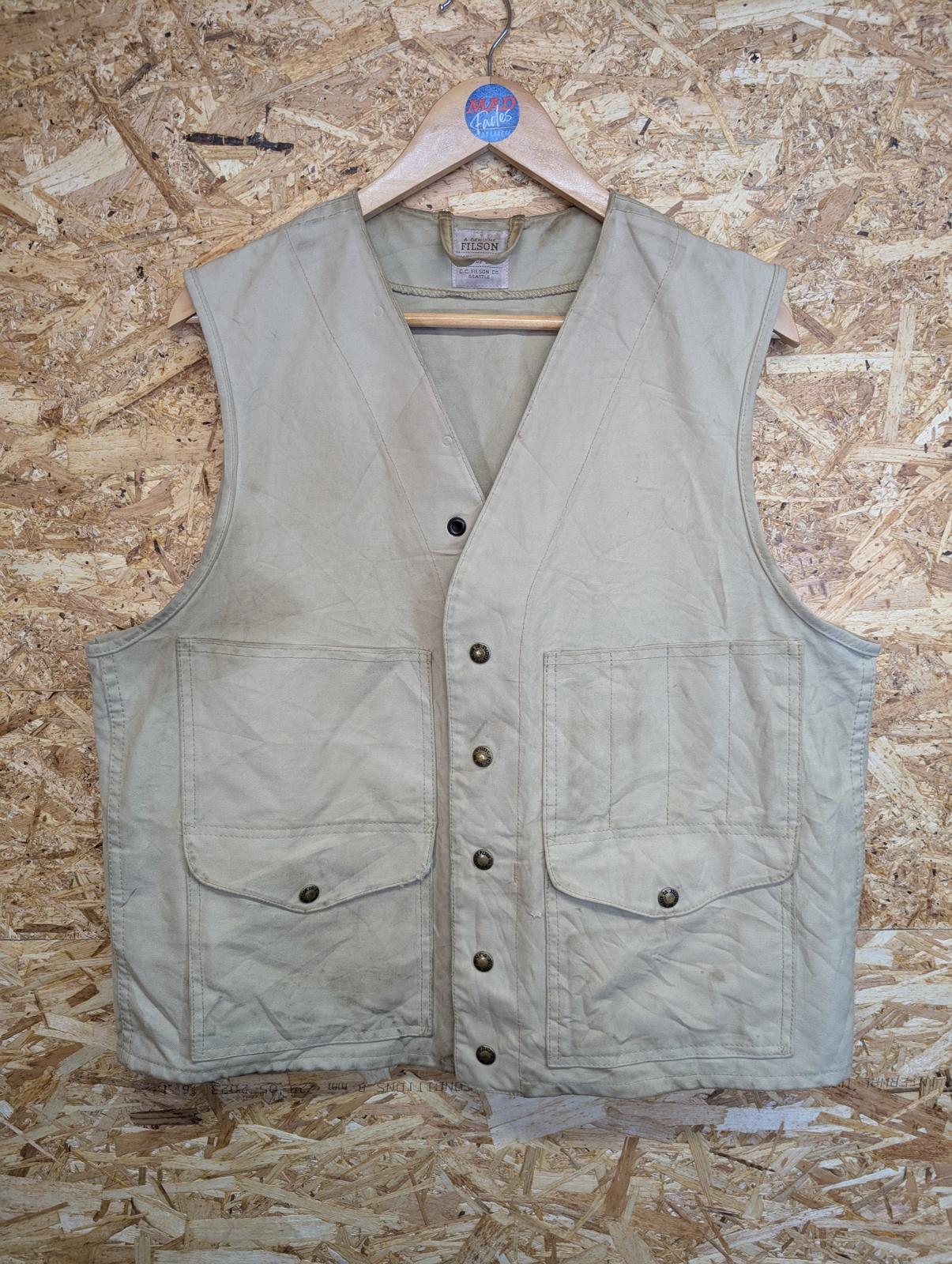 Filson Dry Cloth Vest Large Gilet Beige Made In USA Canvas Body Warmer Tin Cloth