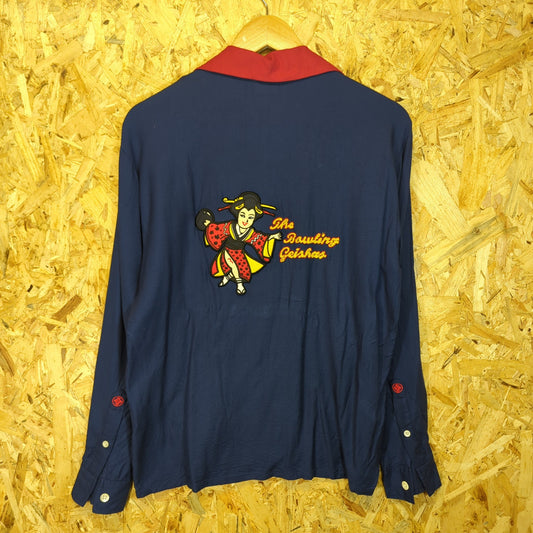 Evisu The Bowling Geisha Rayon Stretch Navy Blue Red Long Sleeve Shirt Mens M