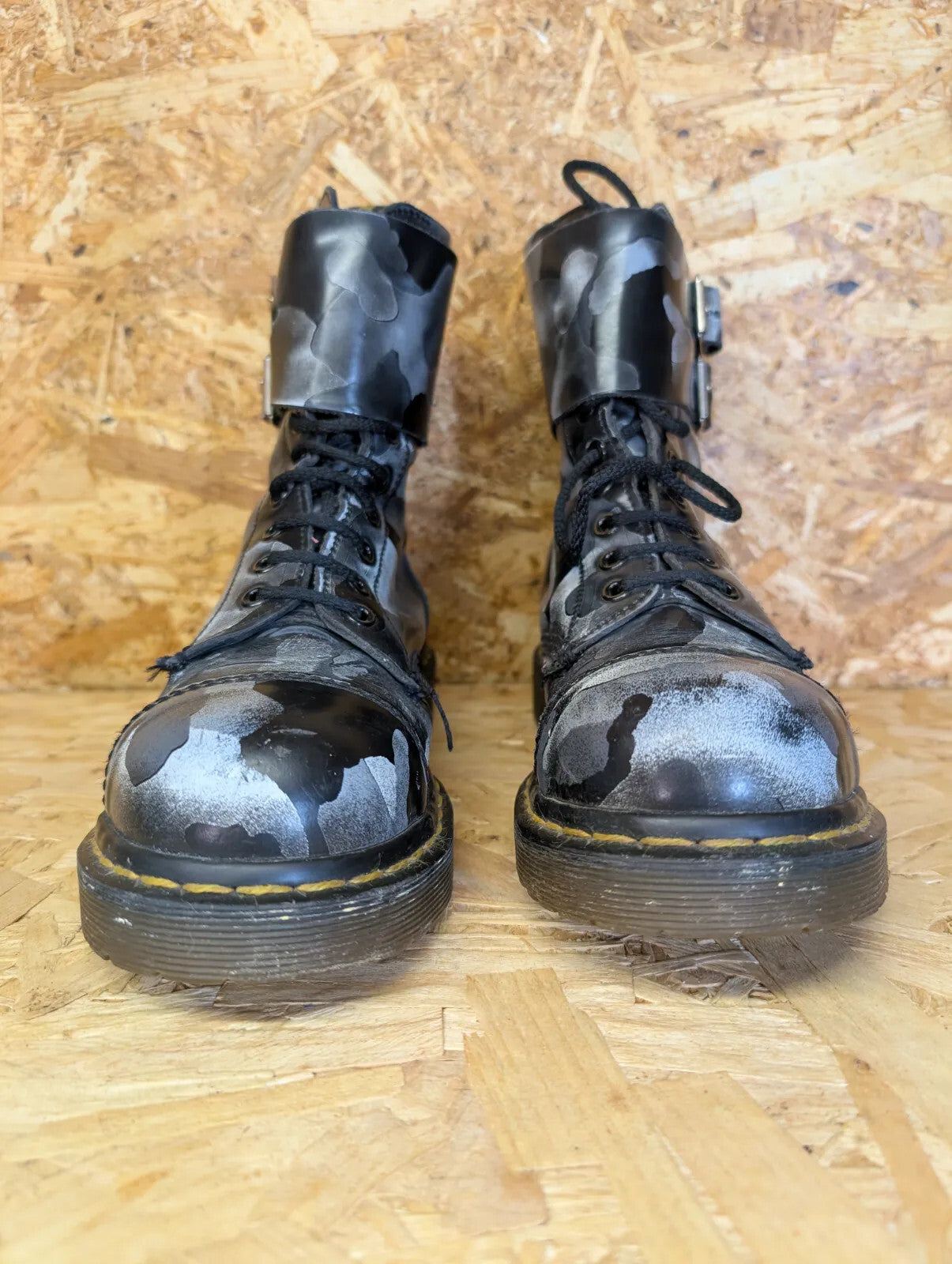 Dr Martens Combat Boots UK 5 Black Silver Leather Camouflage Buckle England Made