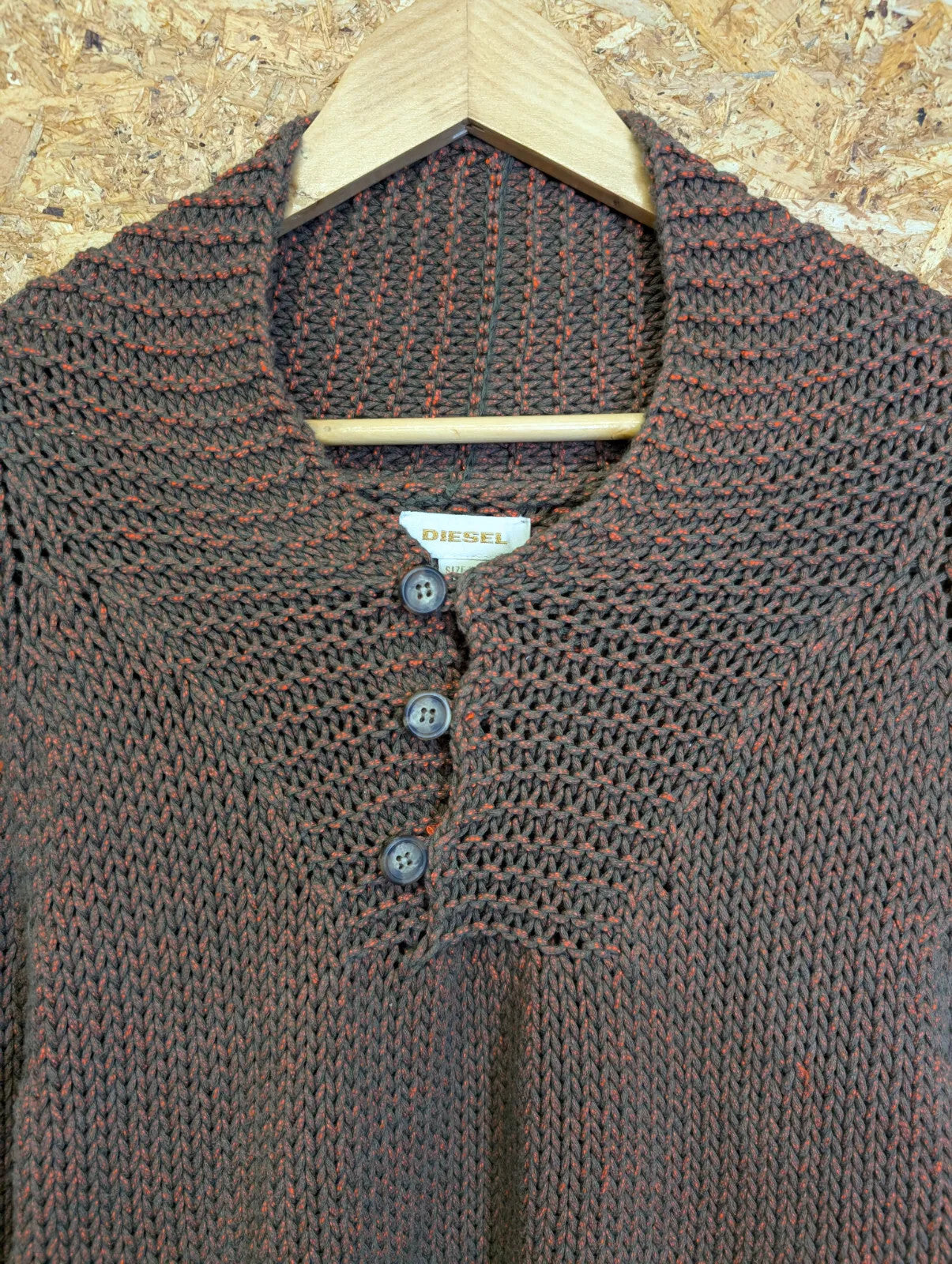 Diesel Chunky Knit Jumper Men XL Brown Orange Speckle Cotton Button Shawl Collar