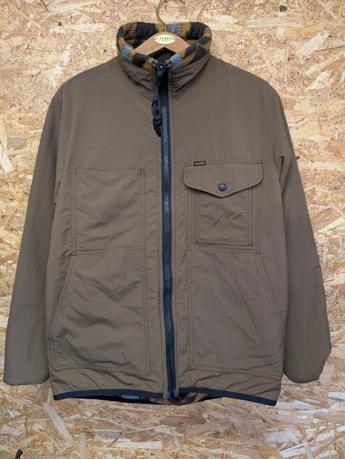 Filson Reversible Pile Fleece Jacket Mens Small Aztec Brown Khaki Full Zip USA