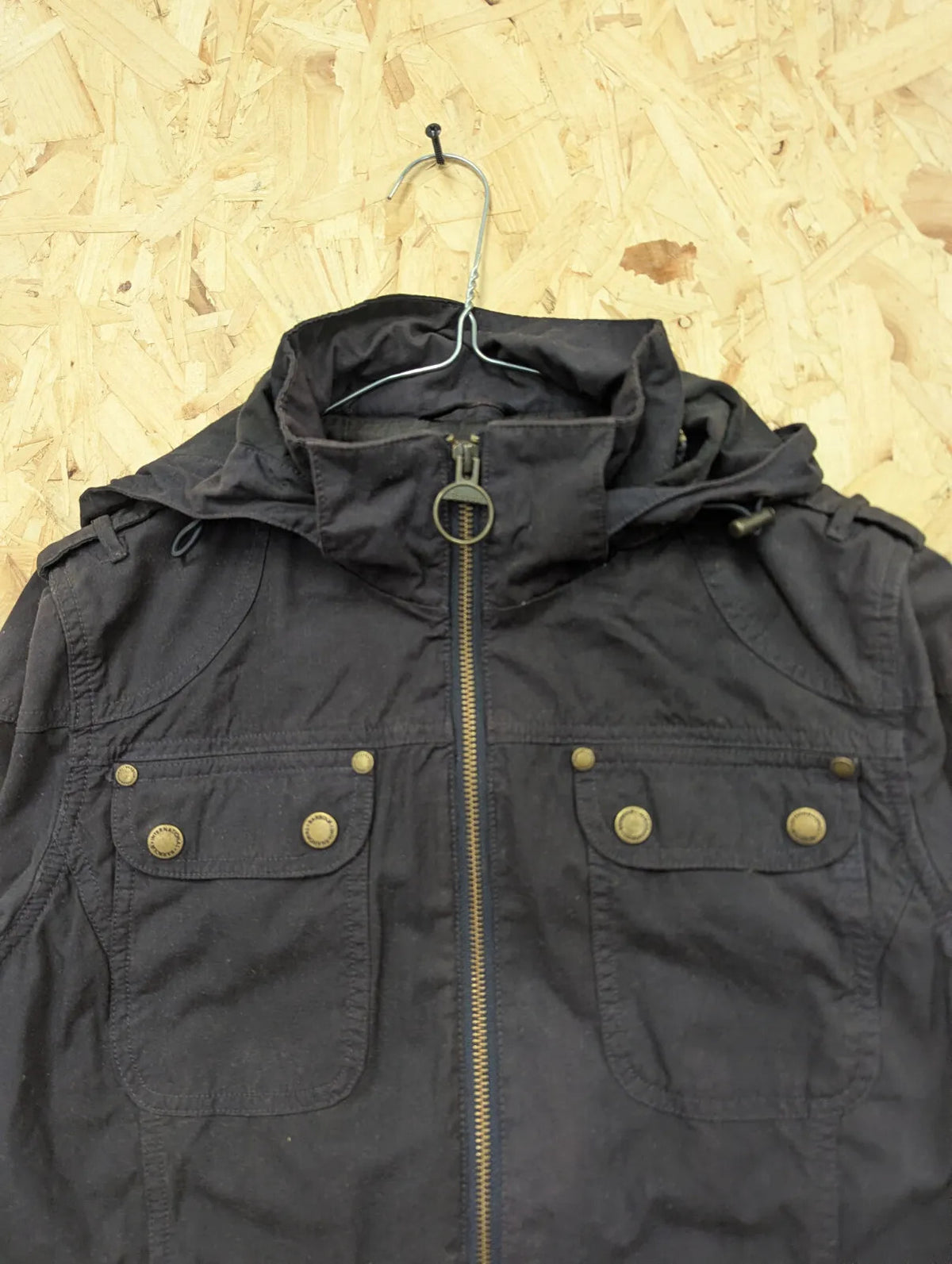Barbour Parka Womens UK10 Navy Blue Waxed Cotton Hooded Fishtail Hooded Coat