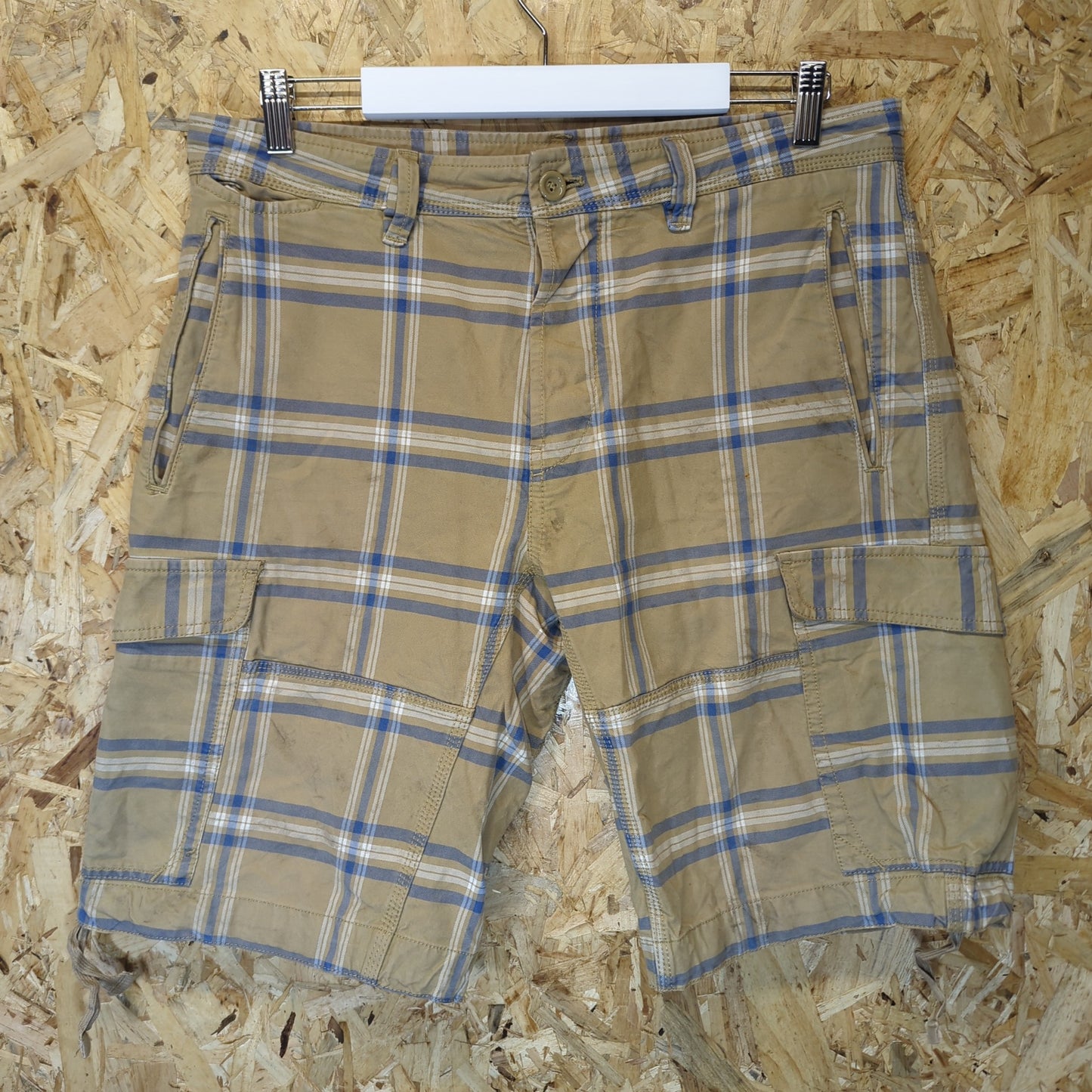 Diesel Beige Blue Check Cargo Pocket Shorts Cotton Baggies Canvas Mens Size W32