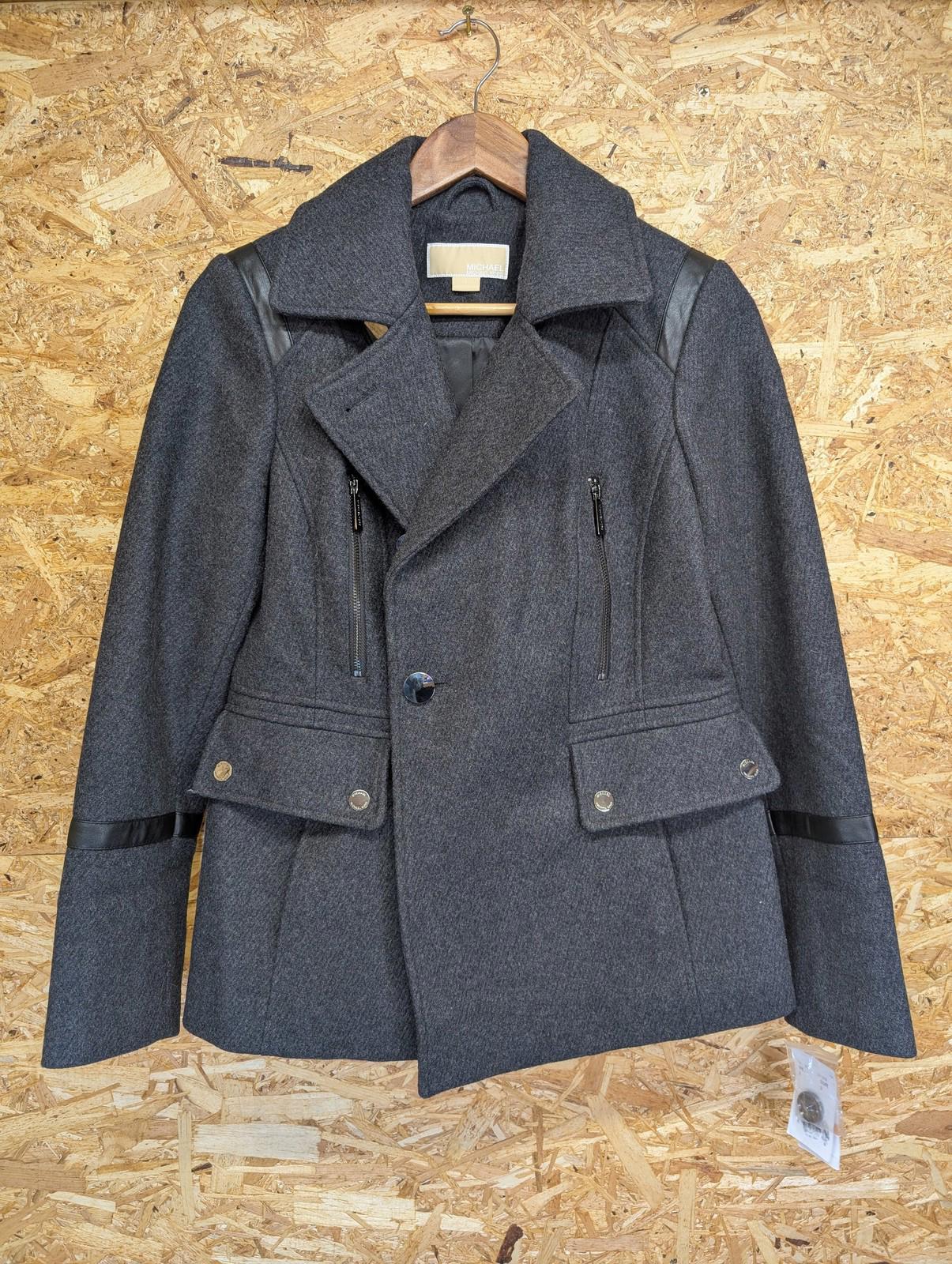 Michael Kors Peacoat Jacket Small Women Faux Leather Trim Charcoal Wool Blend